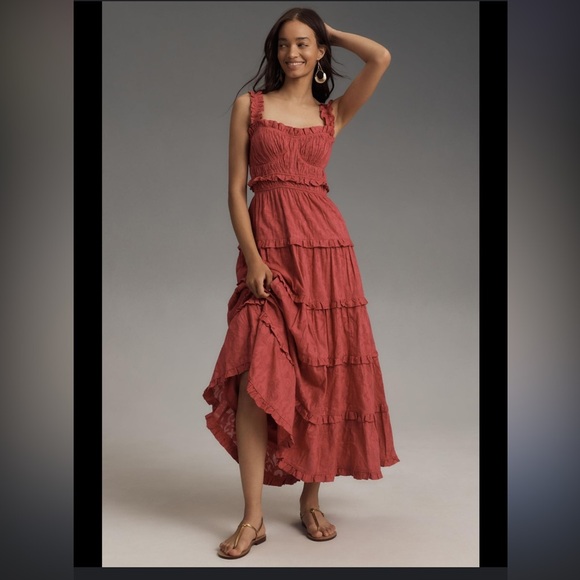 Anthropologie Women’s Squareneck Sleeveless Tiered Ruffle Dress. Pink small - Picture 1 of 8